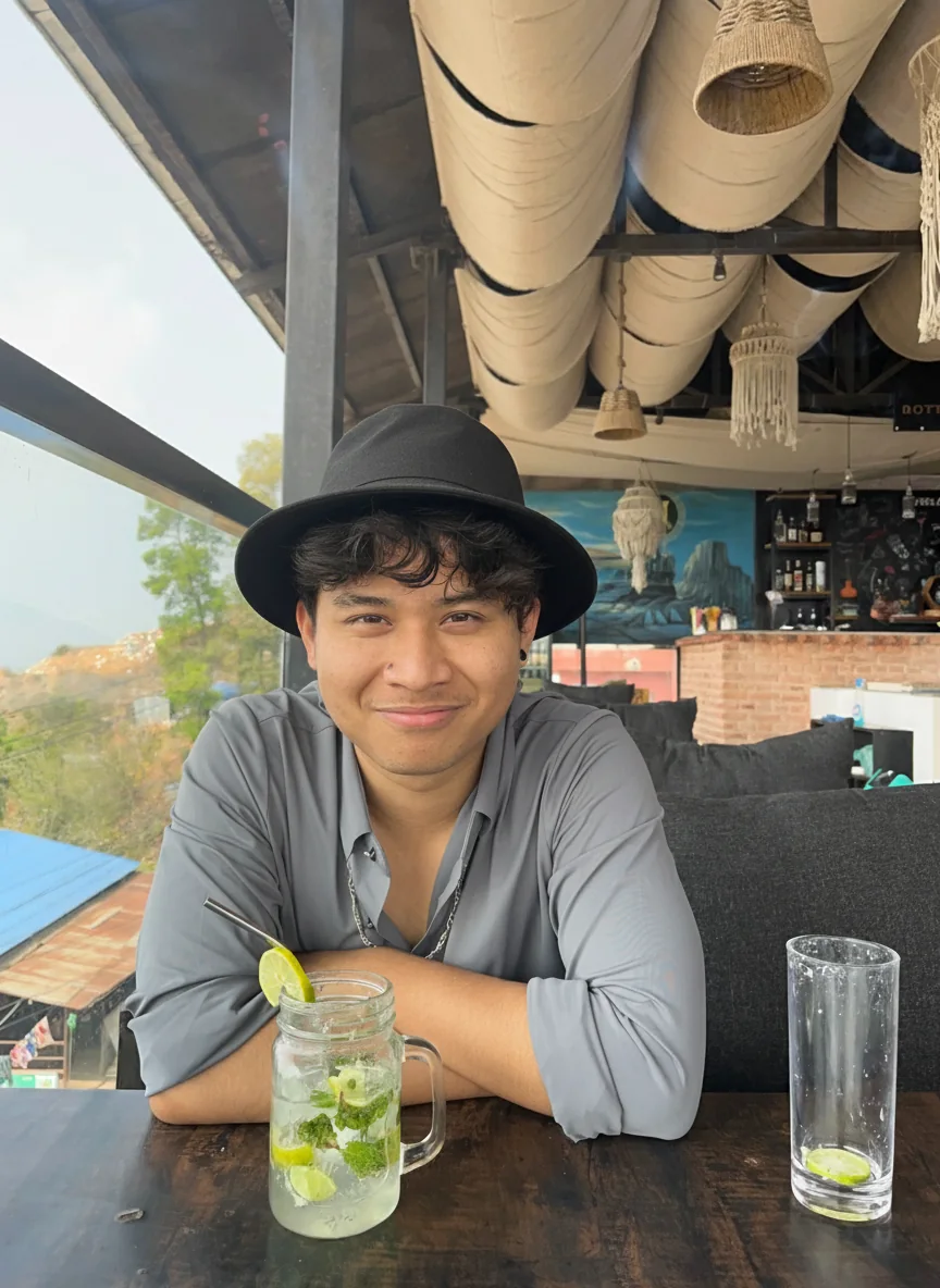Aashish Thakuri wearing a hat at a cafe