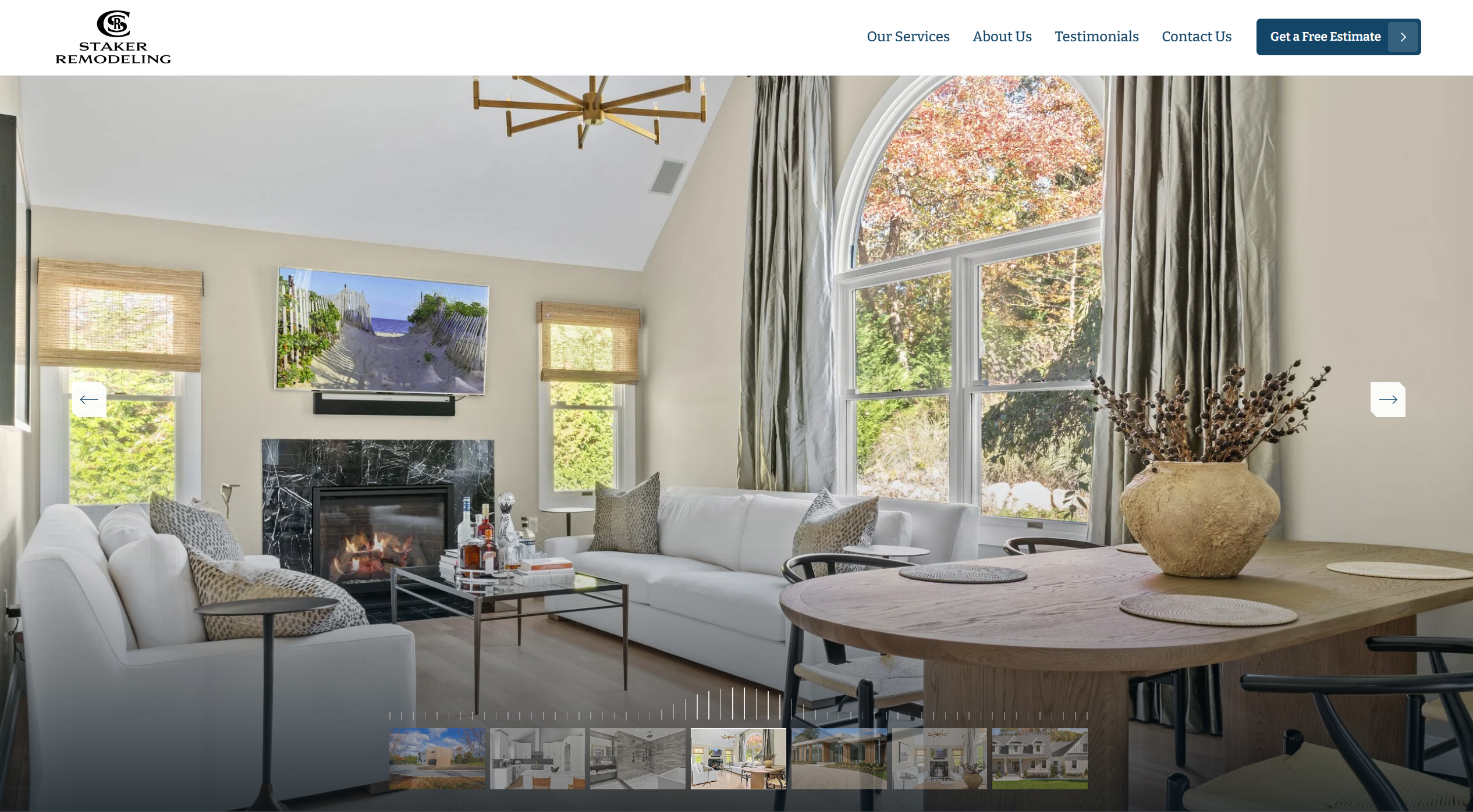 C. Staker Remodeling homepage with a full-width living-room photograph, project arrows, and a thumbnail gallery.