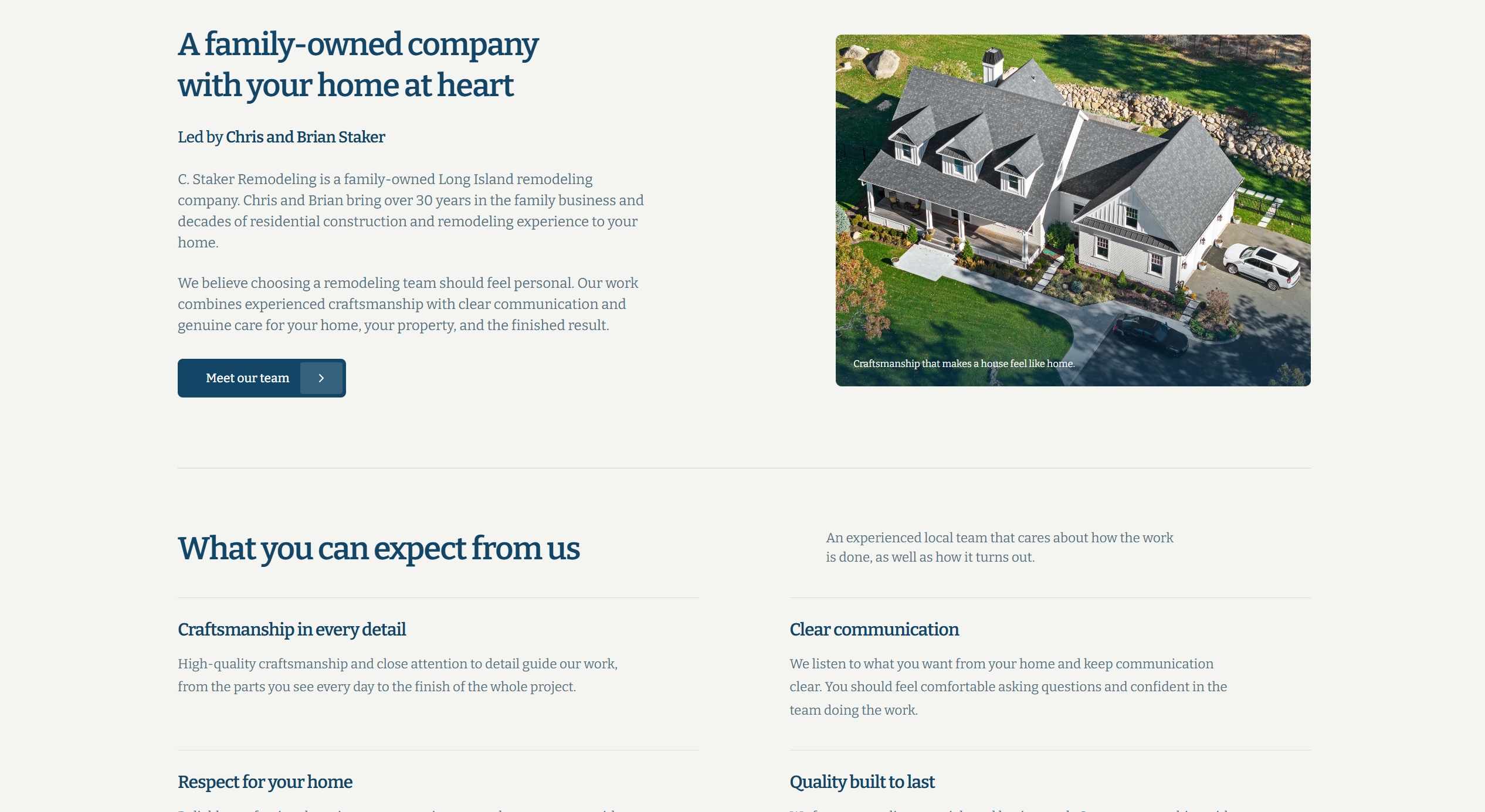C. Staker Remodeling family-company introduction, aerial home photograph, and craftsmanship and communication values.