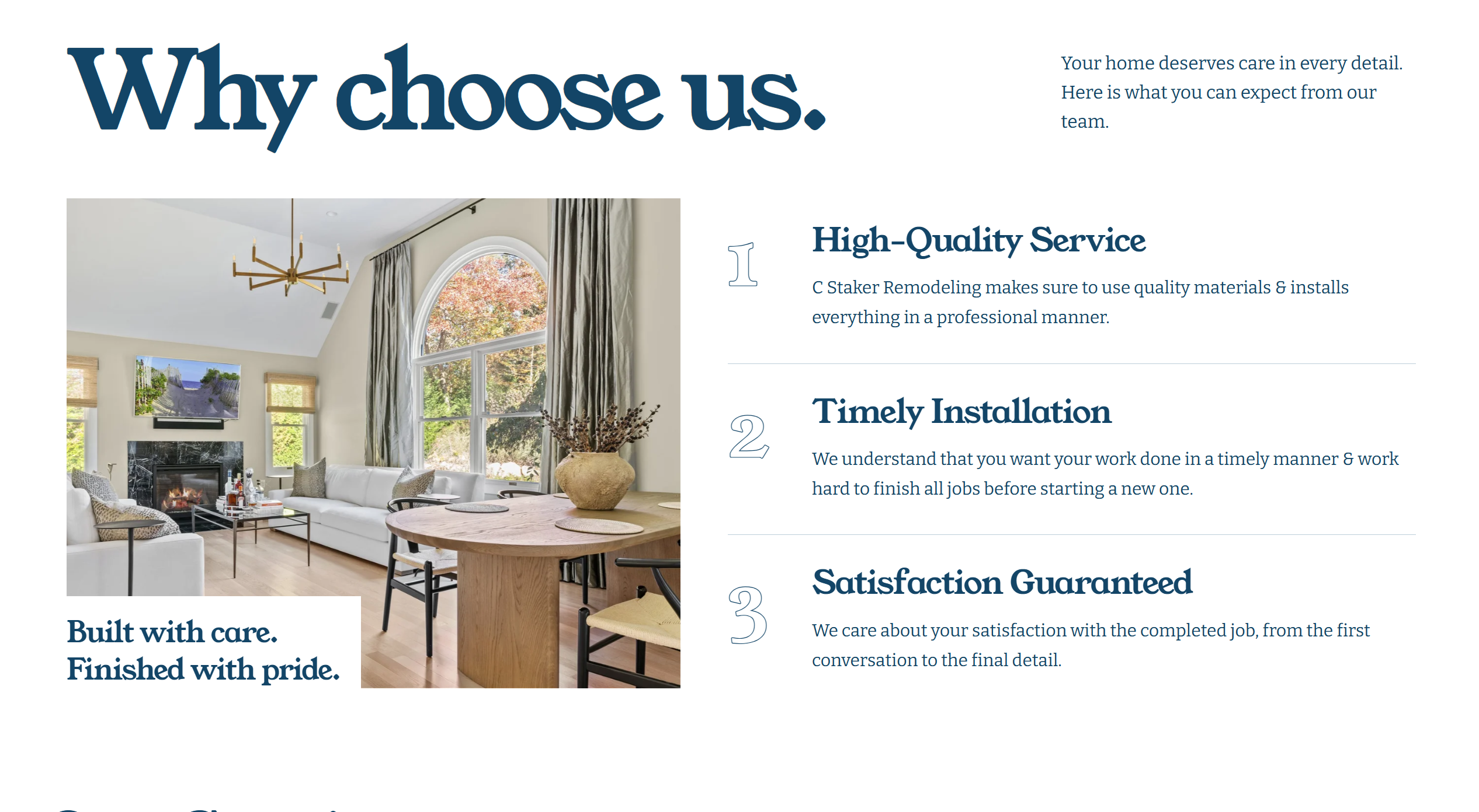 C. Staker Remodeling service values alongside a bright living and dining space.