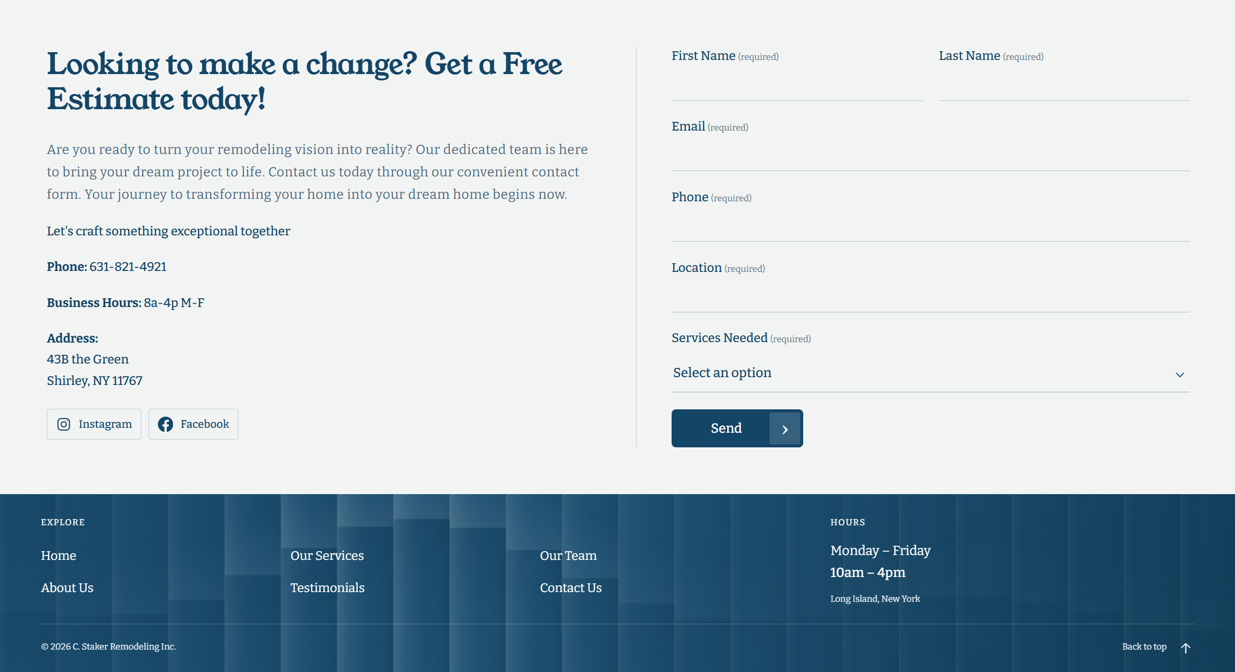 C. Staker Remodeling estimate form, company contact information, and blue geometric footer.