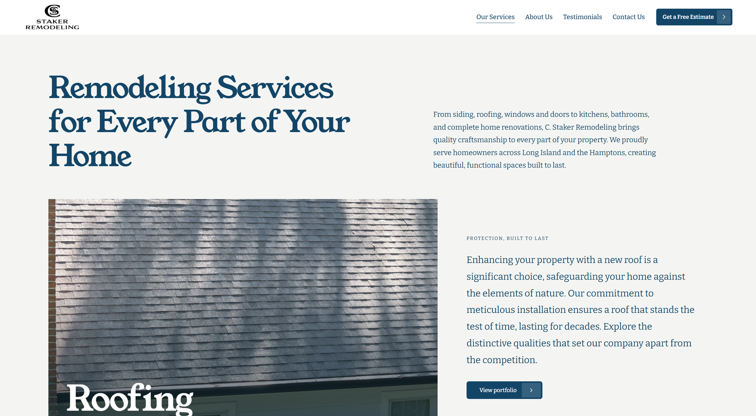C. Staker Remodeling services page introducing roofing and interior and exterior renovations.