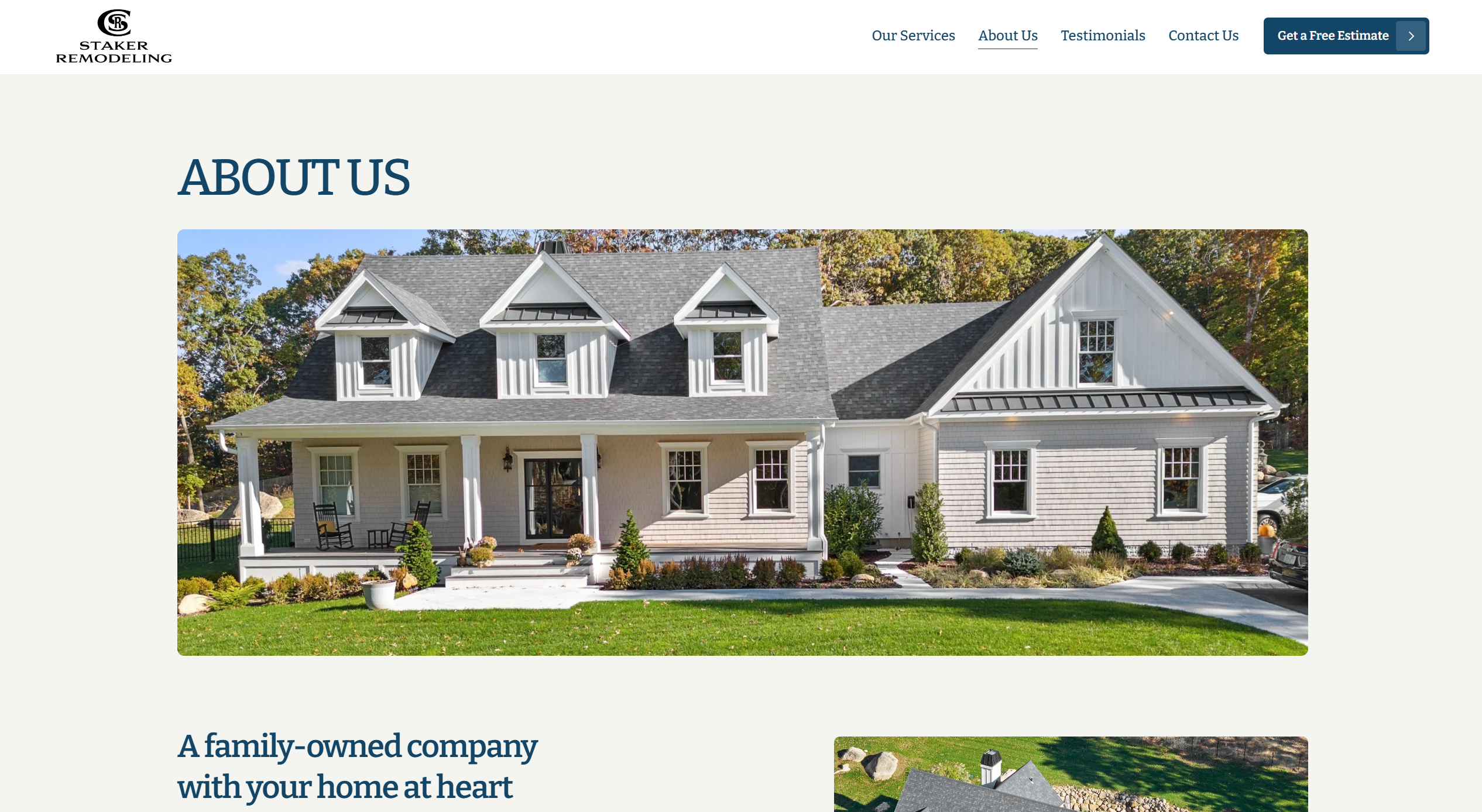 C. Staker Remodeling About Us page with a completed Long Island home.