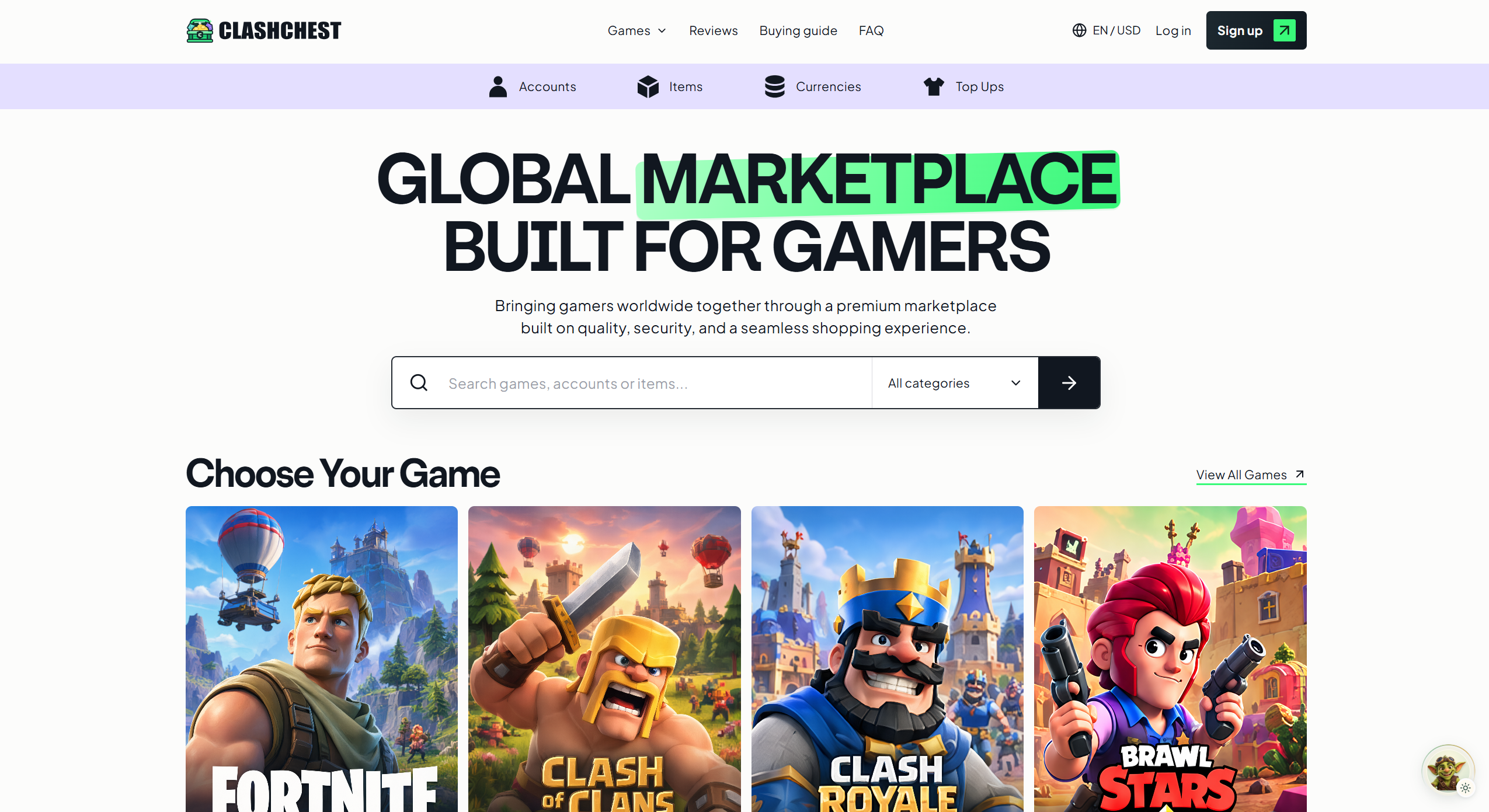 ClashChest homepage with game discovery and marketplace search