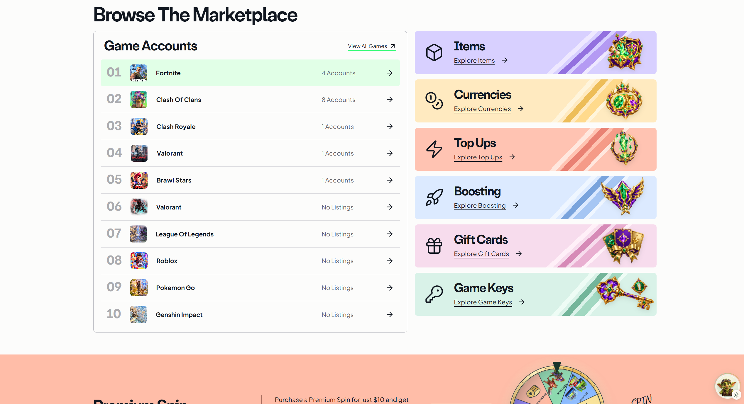 Game accounts and colour-coded marketplace categories