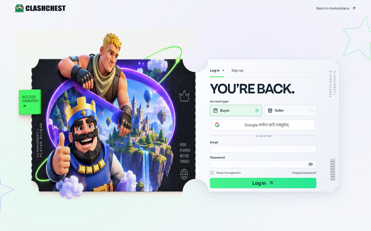 ClashChest login screen with game characters