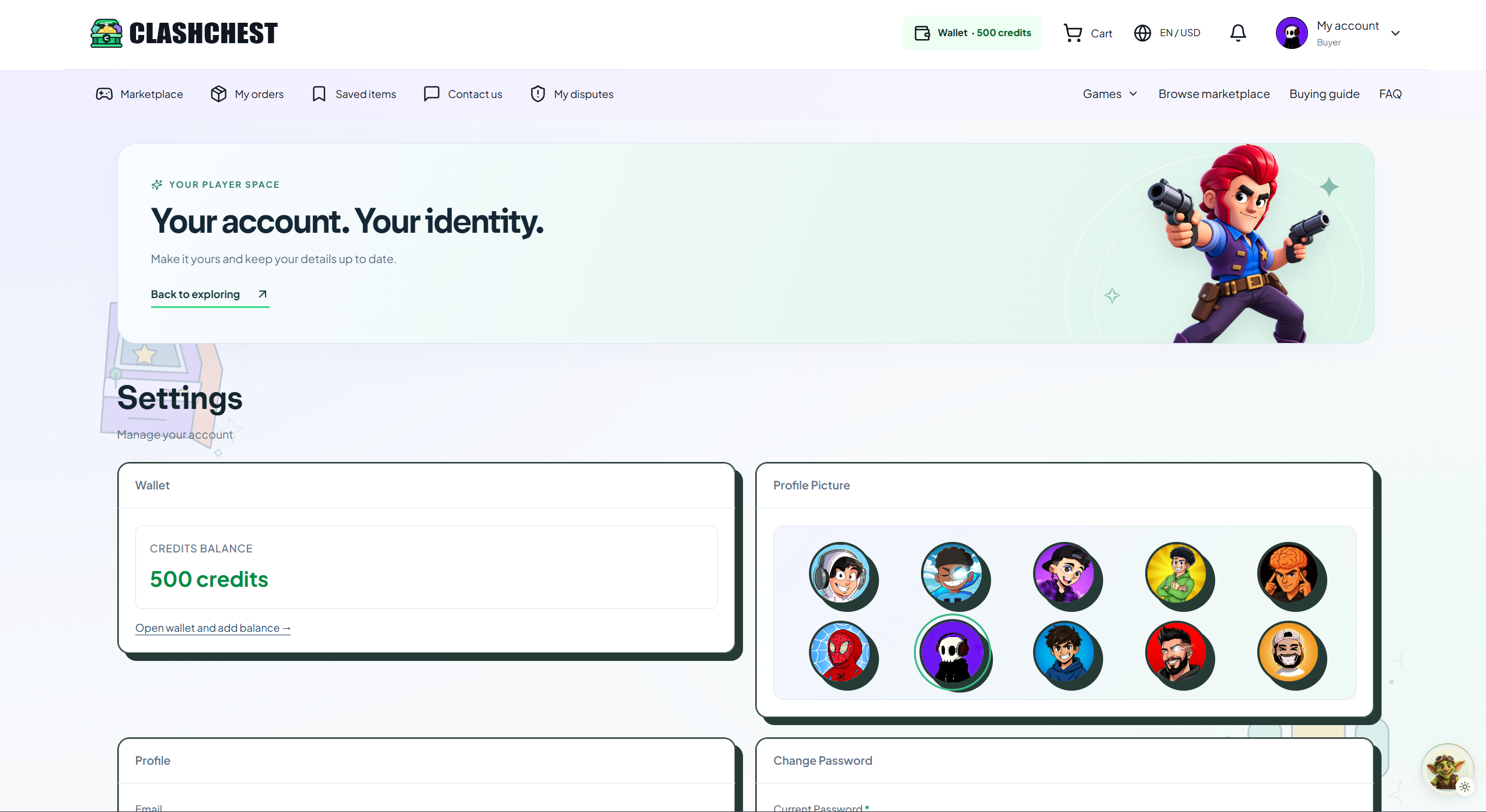 Player wallet and custom profile avatars