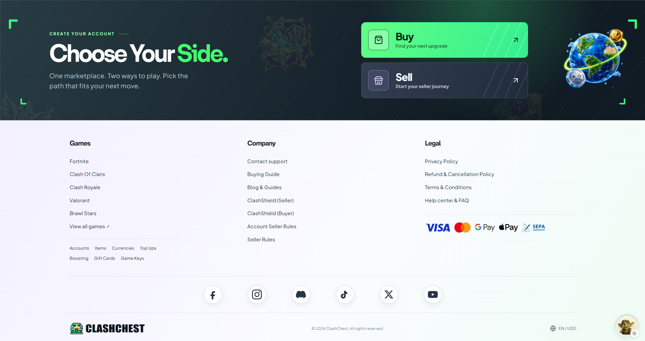 Buyer and seller entry points and the marketplace footer