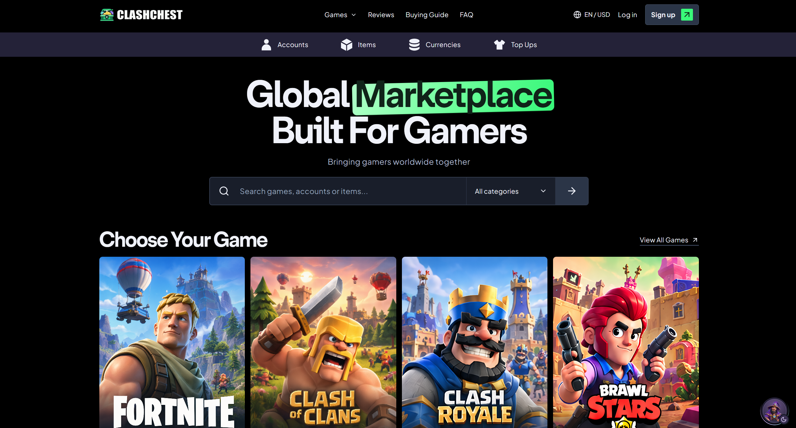 ClashChest homepage with dark mode enabled