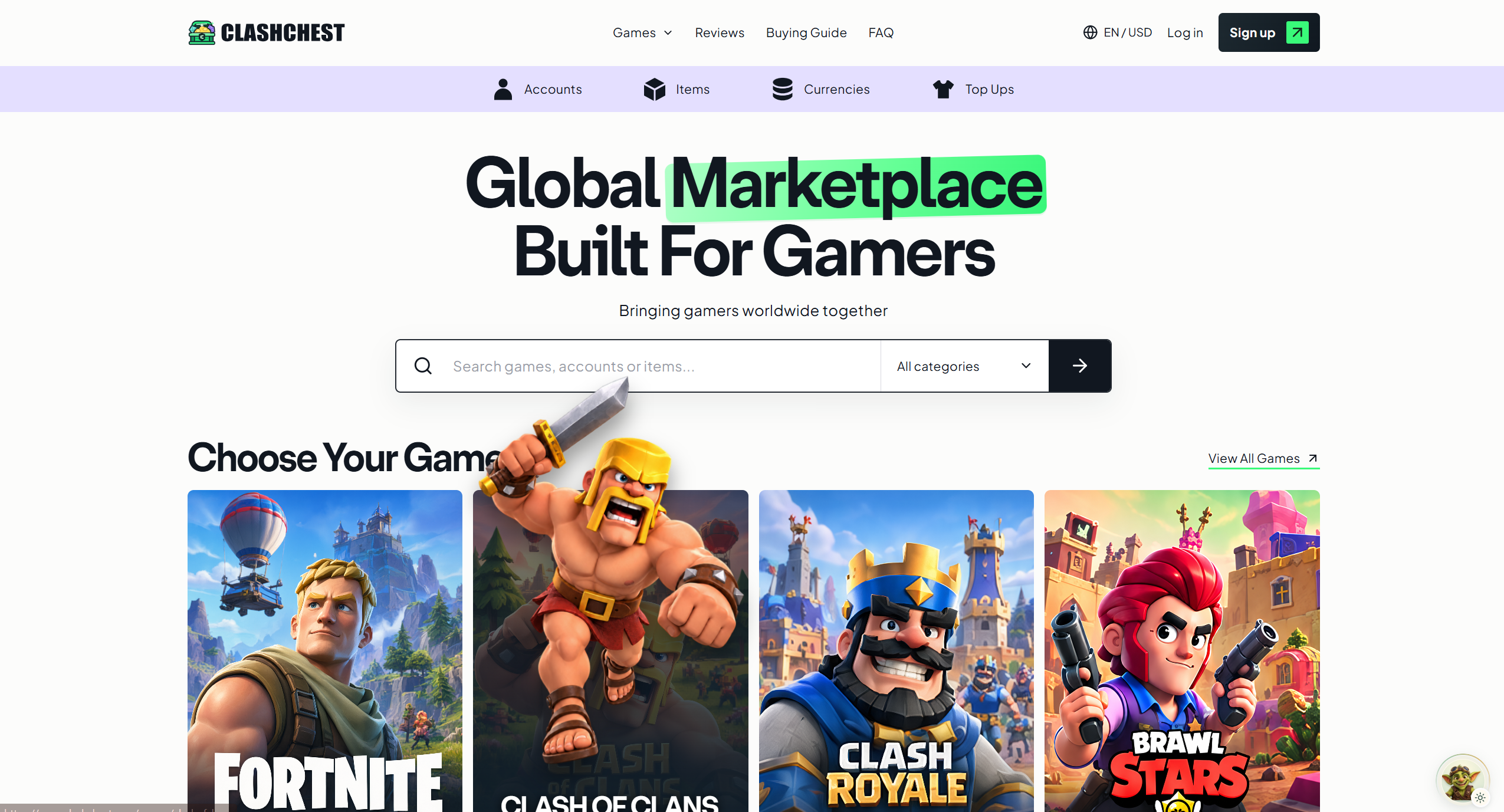 ClashChest homepage with the Clash of Clans character emerging from its game card