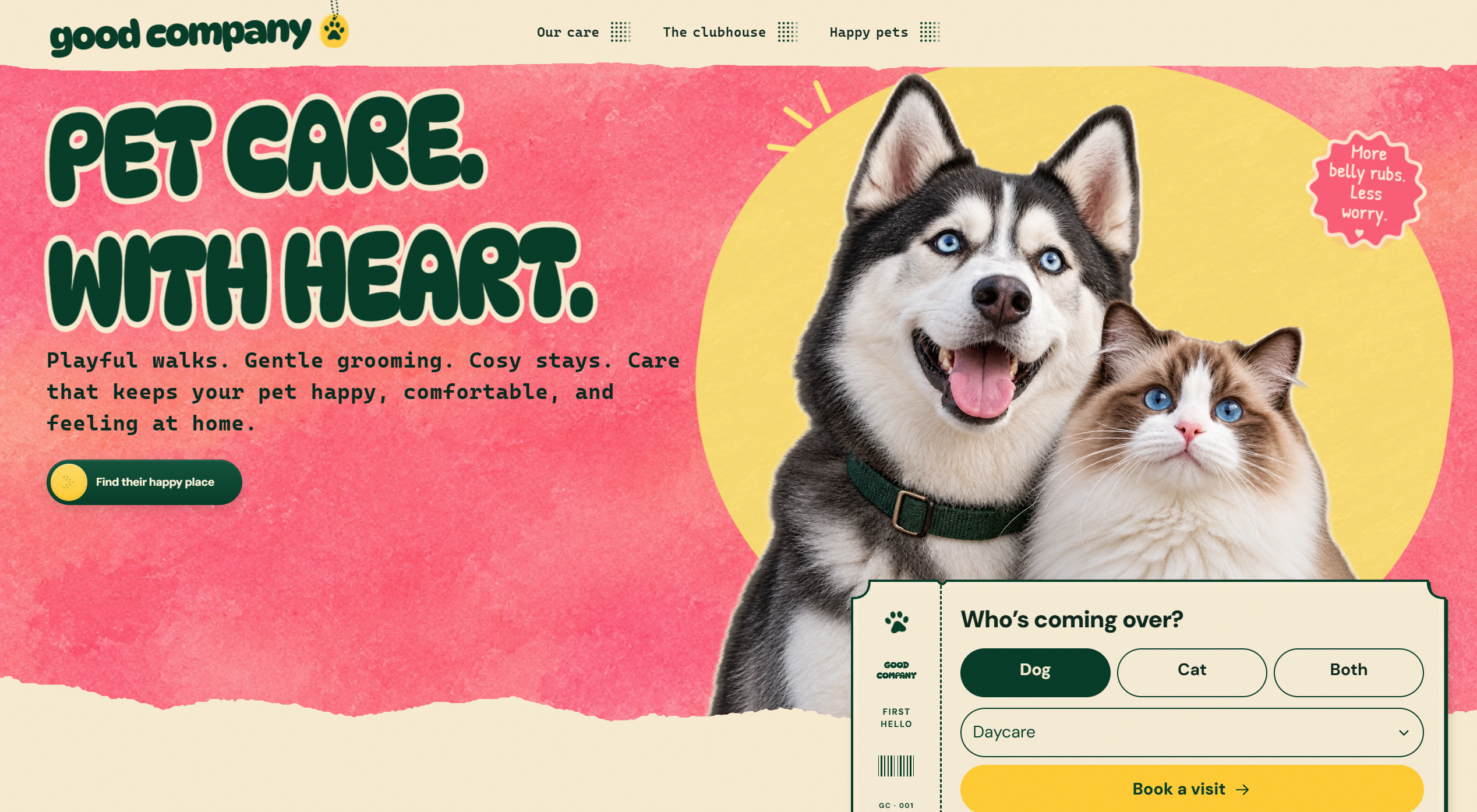 Good Company homepage with a husky and cat, playful pink and yellow paper textures, and the pet-care booking ticket.