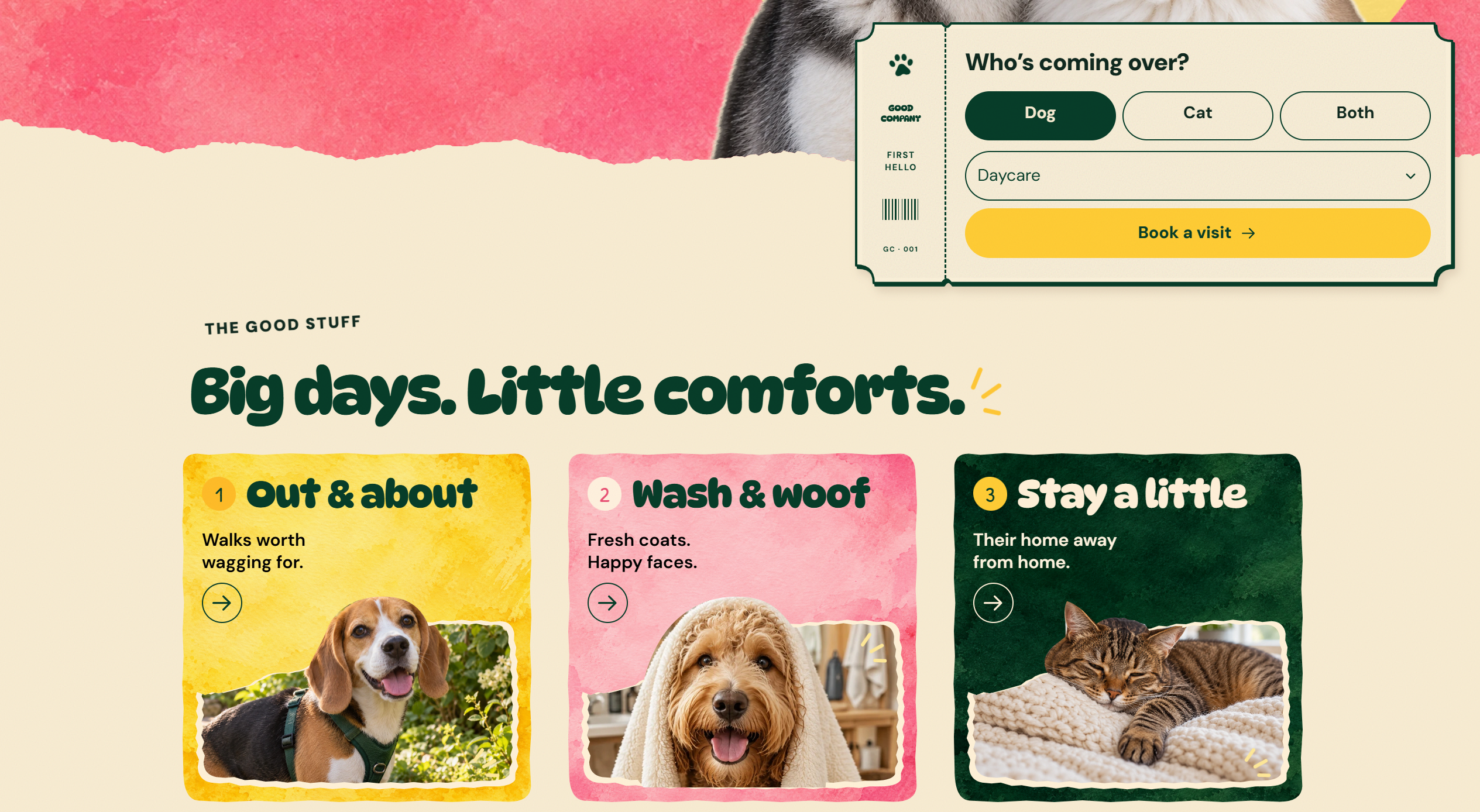Good Company walking, grooming, and boarding service cards beside the pet and service picker.