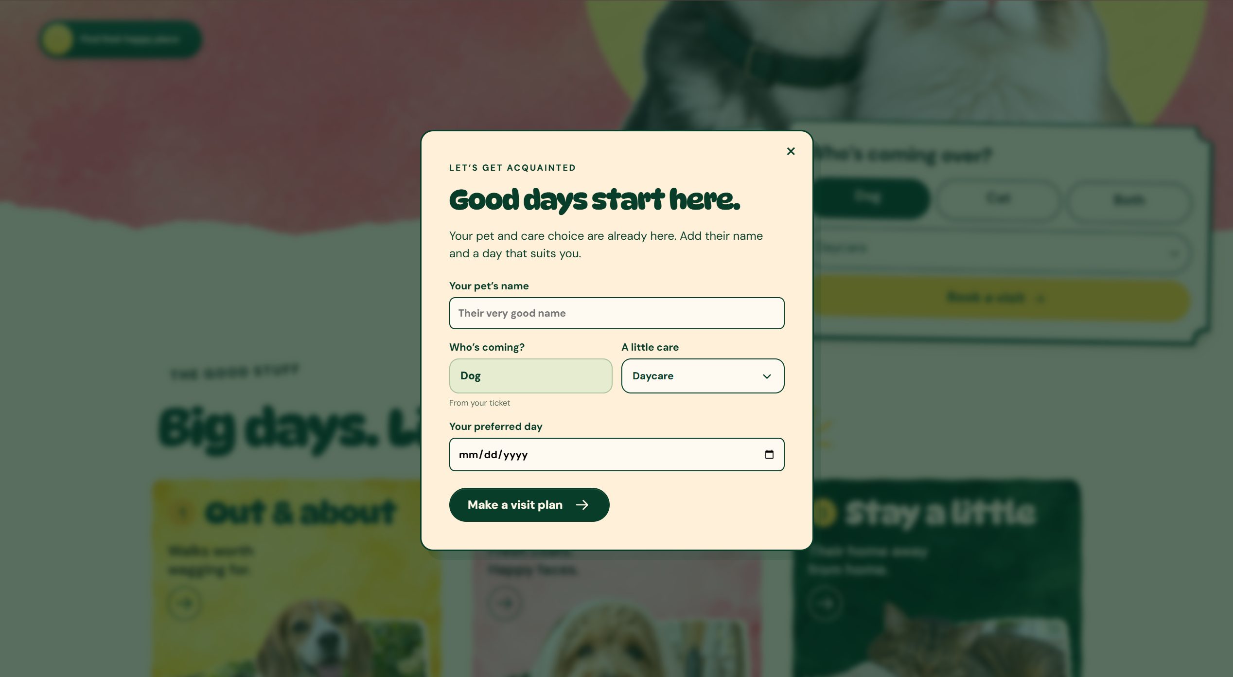 Good Company visit-planning dialog with pet name, selected pet, service choice, and preferred day.