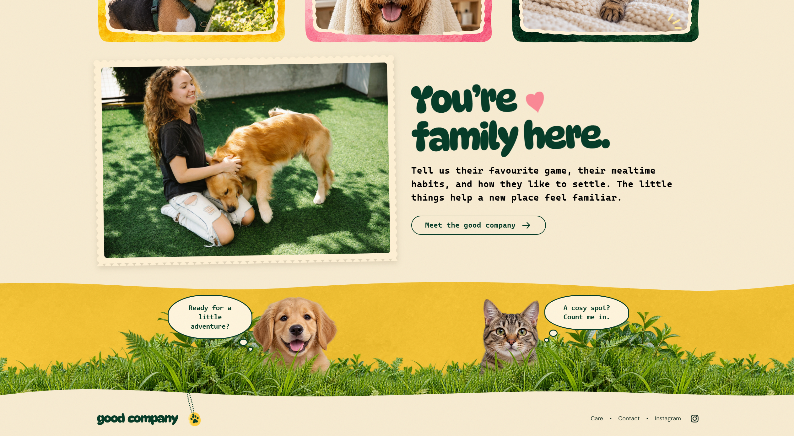 Good Company clubhouse introduction, a woman caring for a golden retriever, and playful garden footer.