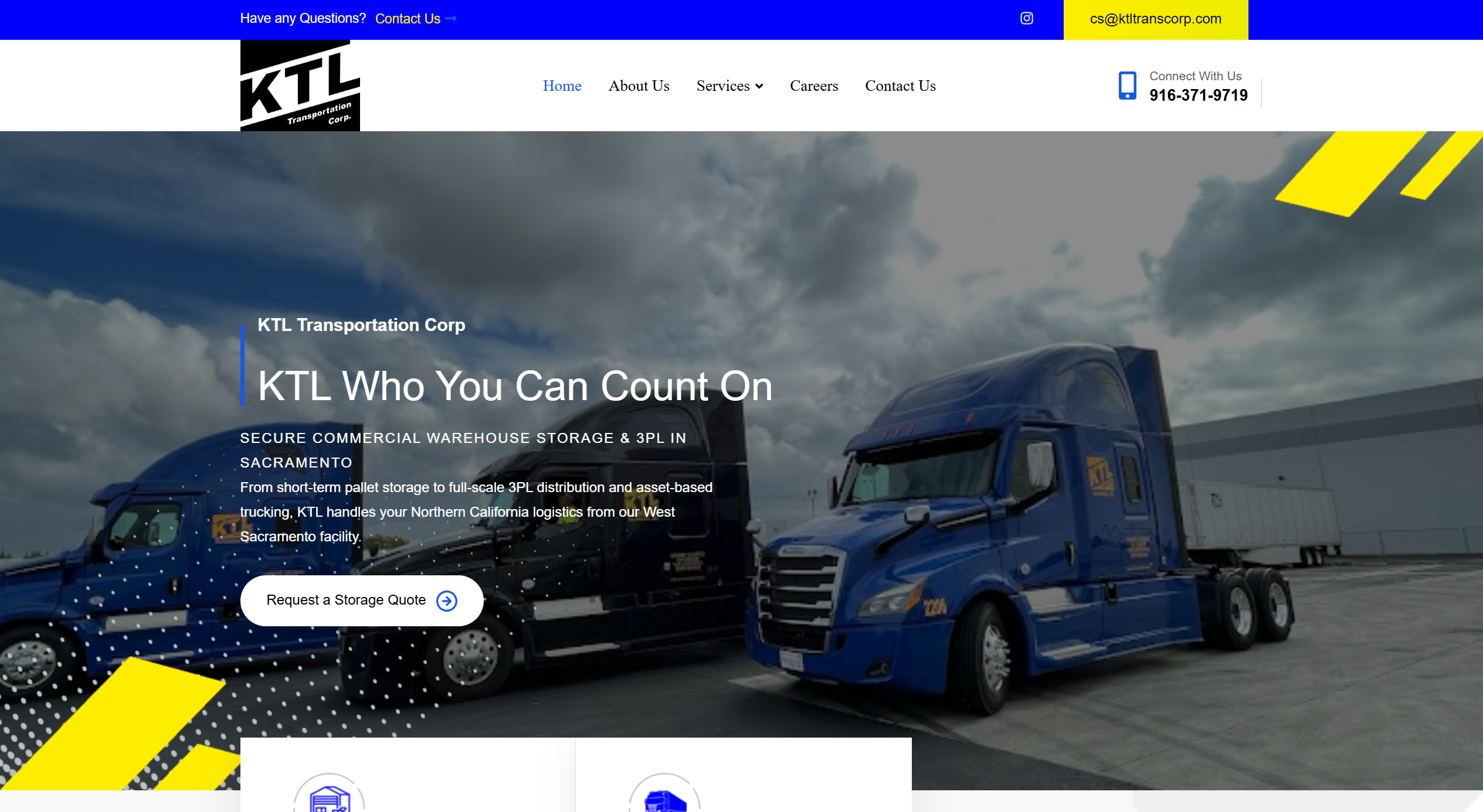 KTL homepage with blue trucks and the original blue and yellow identity