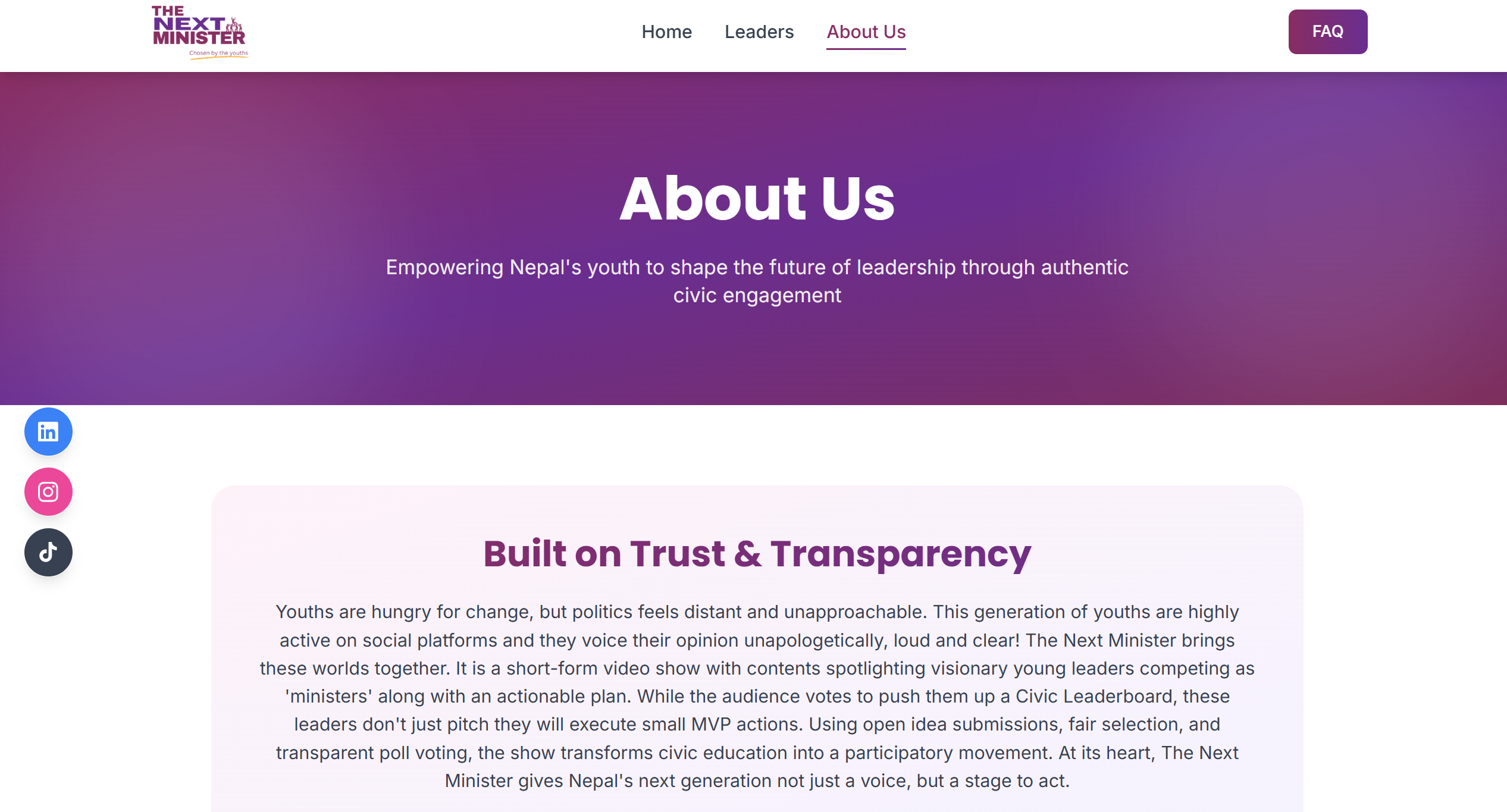 The Next Minister About page explaining the youth participation experiment