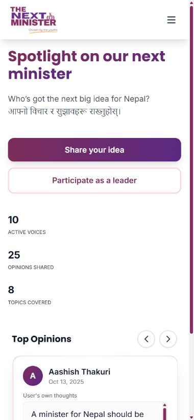 The Next Minister mobile homepage with Share your idea and Participate as a leader actions