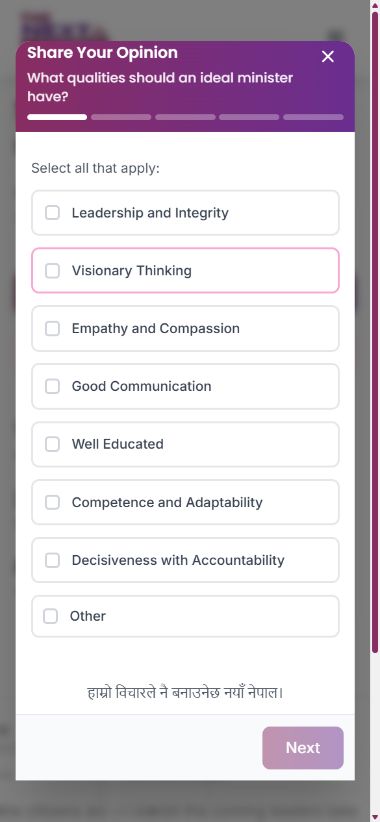 Mobile opinion survey asking what qualities an ideal minister should have