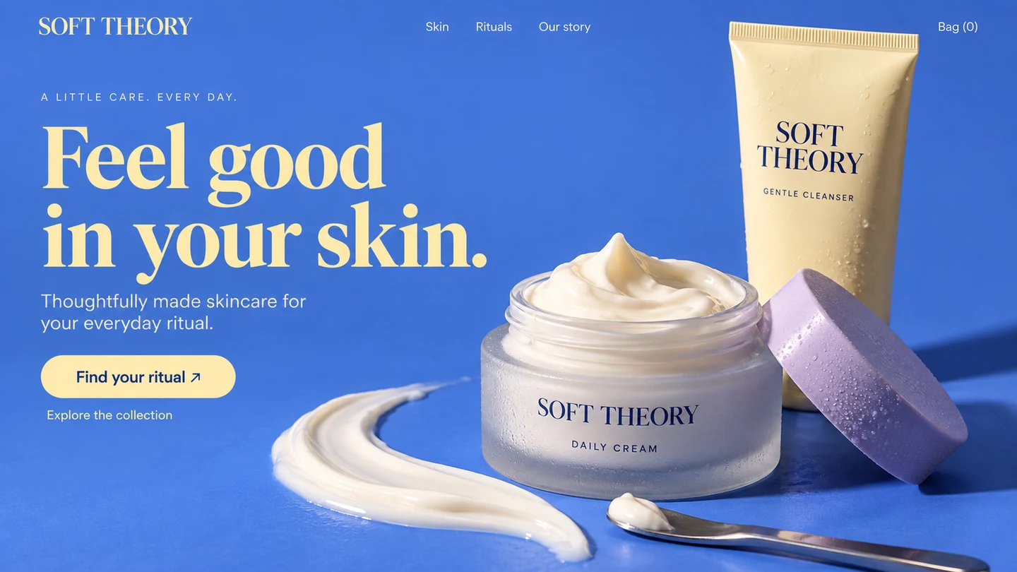 Soft Theory skincare landing page with yellow type on blue and a cream jar beside a cleanser tube