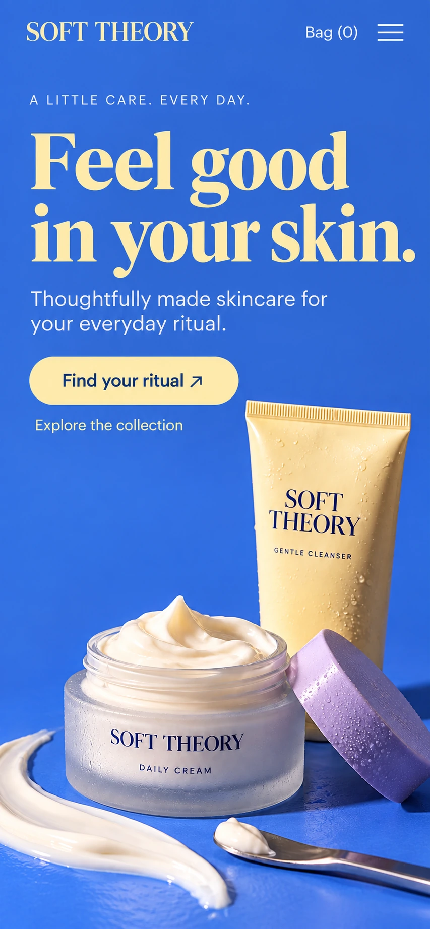 Imagined Soft Theory mobile landing page with stacked yellow headline, collection button, and skincare products