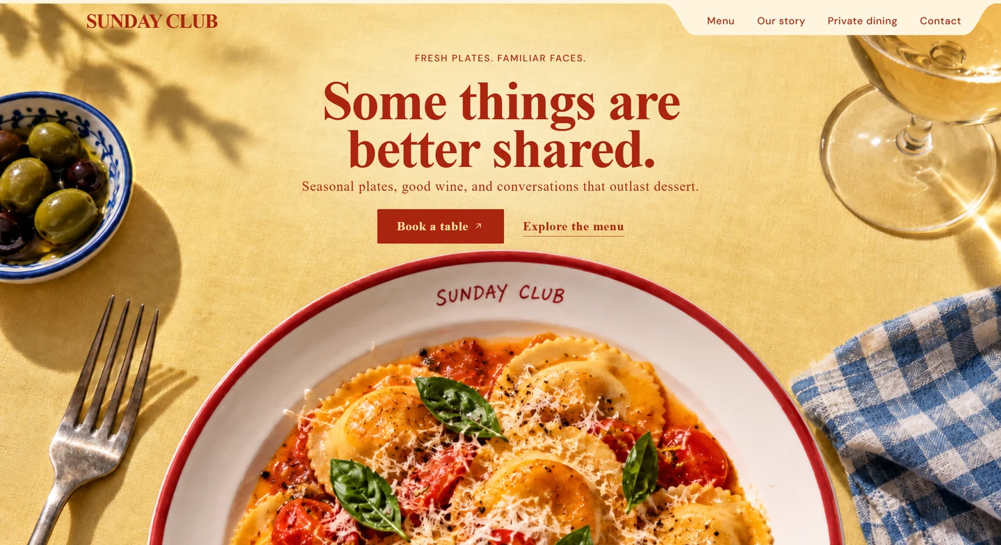 Sunday Club restaurant landing page with red serif text and ravioli on a golden tablecloth