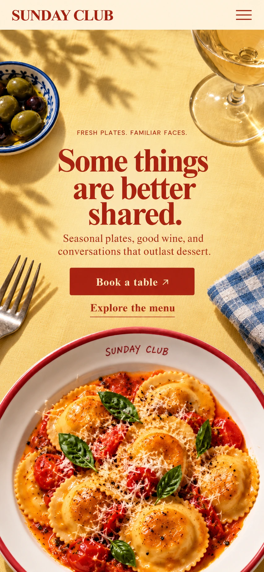 Imagined Sunday Club mobile landing page with compact navigation, booking button, and a ravioli plate