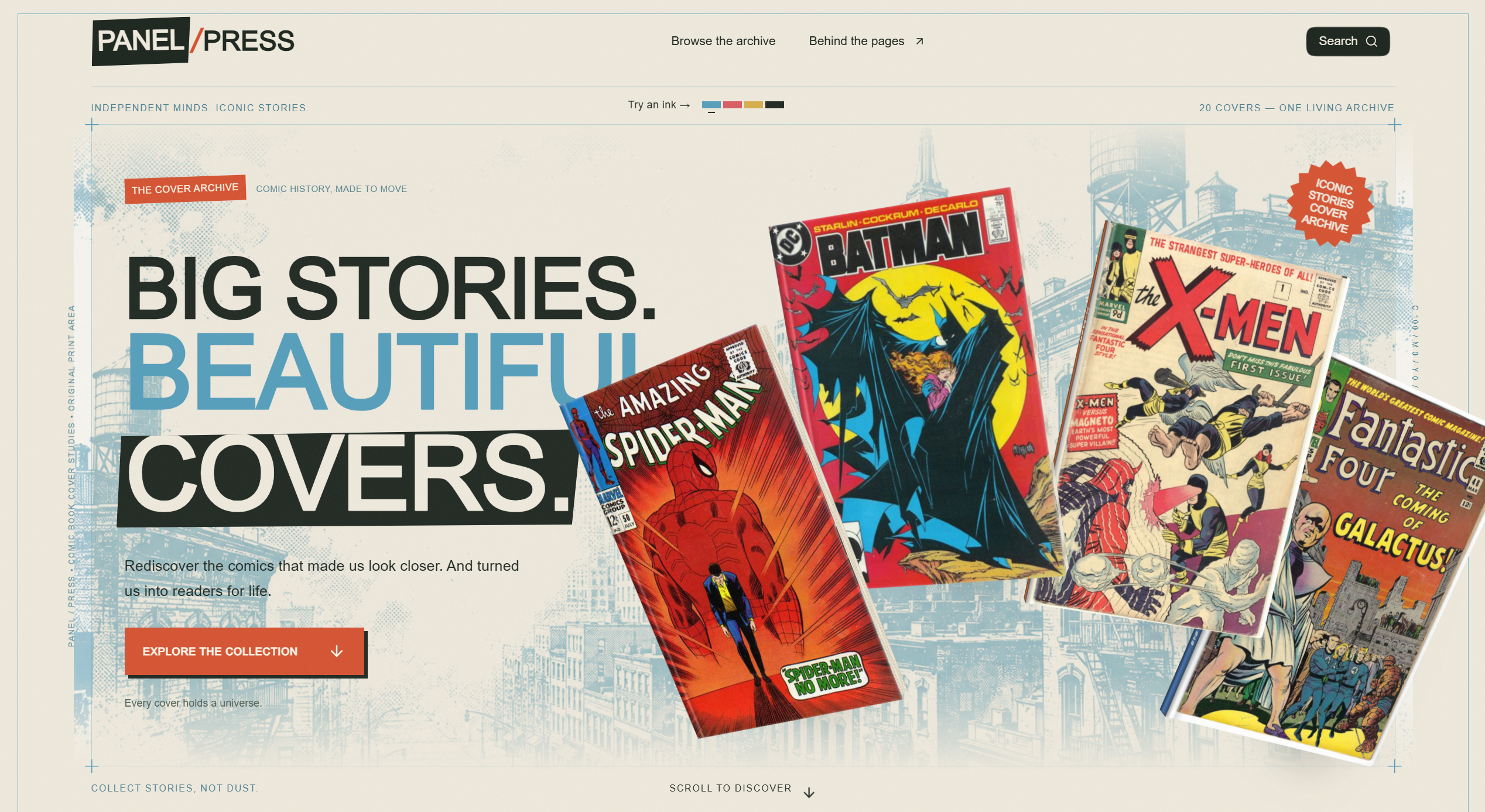 Panel Press homepage with a blue print background and four comic covers