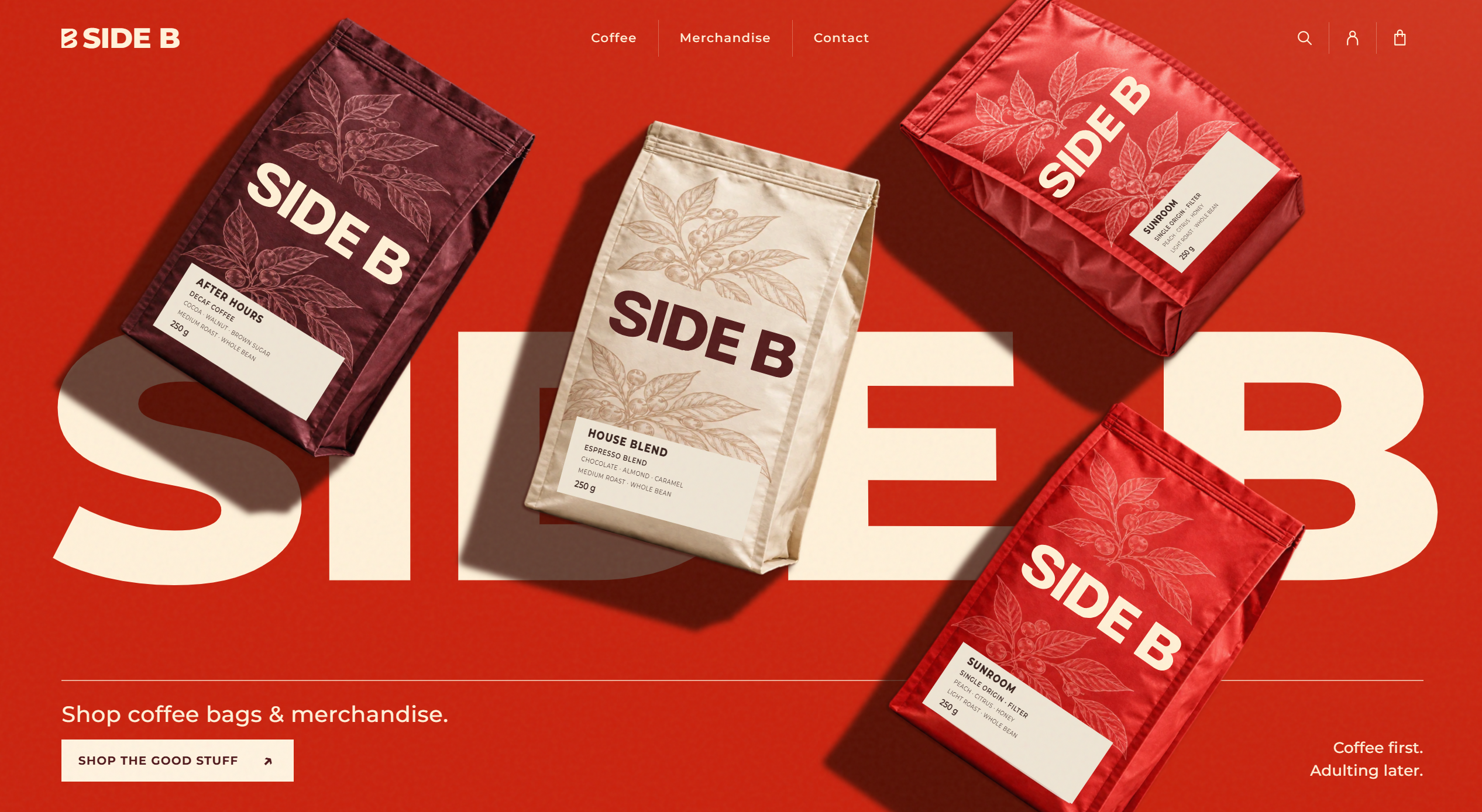 Side B homepage with coffee bags on a vivid red background