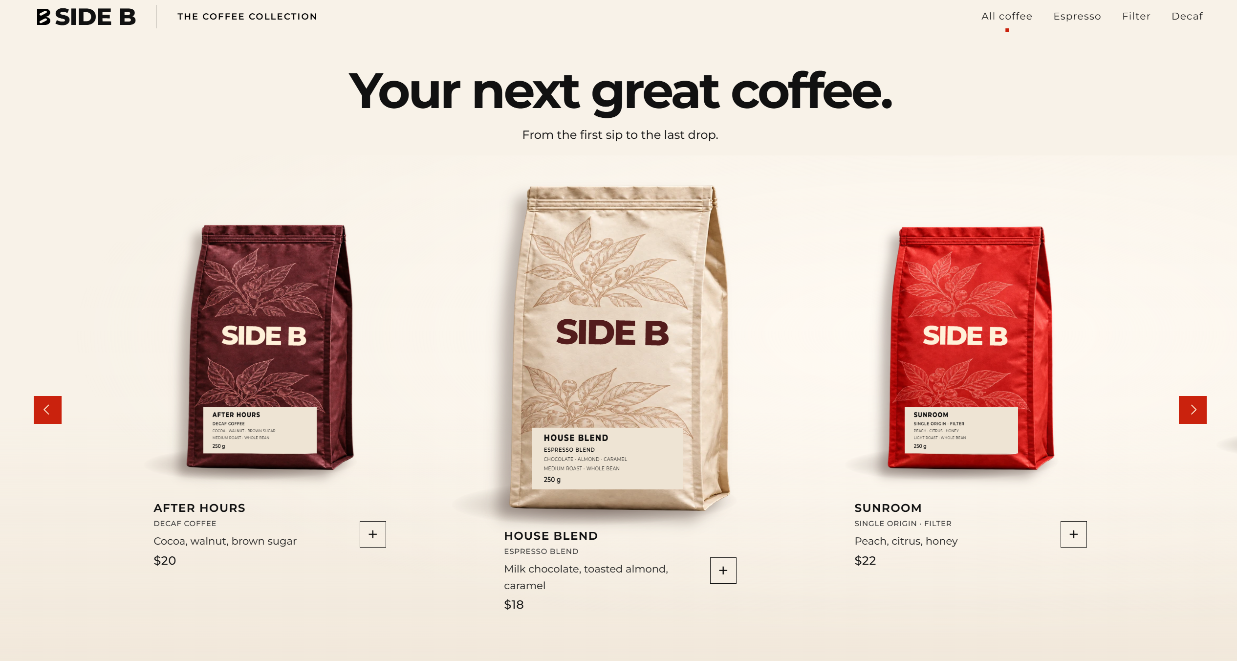 Side B coffee collection with After Hours, House Blend and Sunroom
