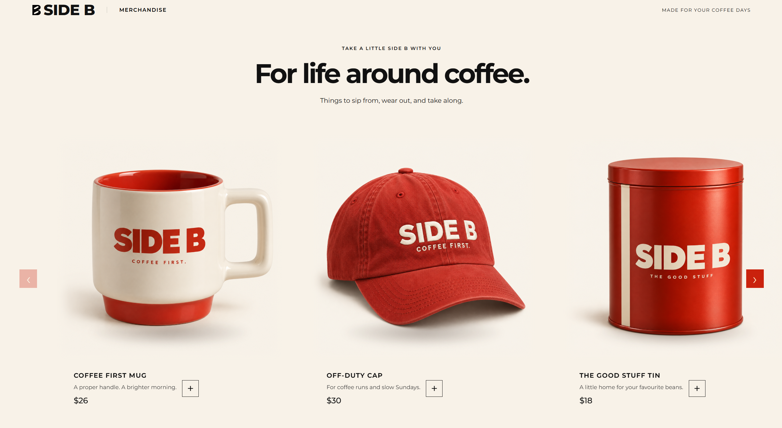 Side B merchandise including a coffee mug, red cap and storage tin