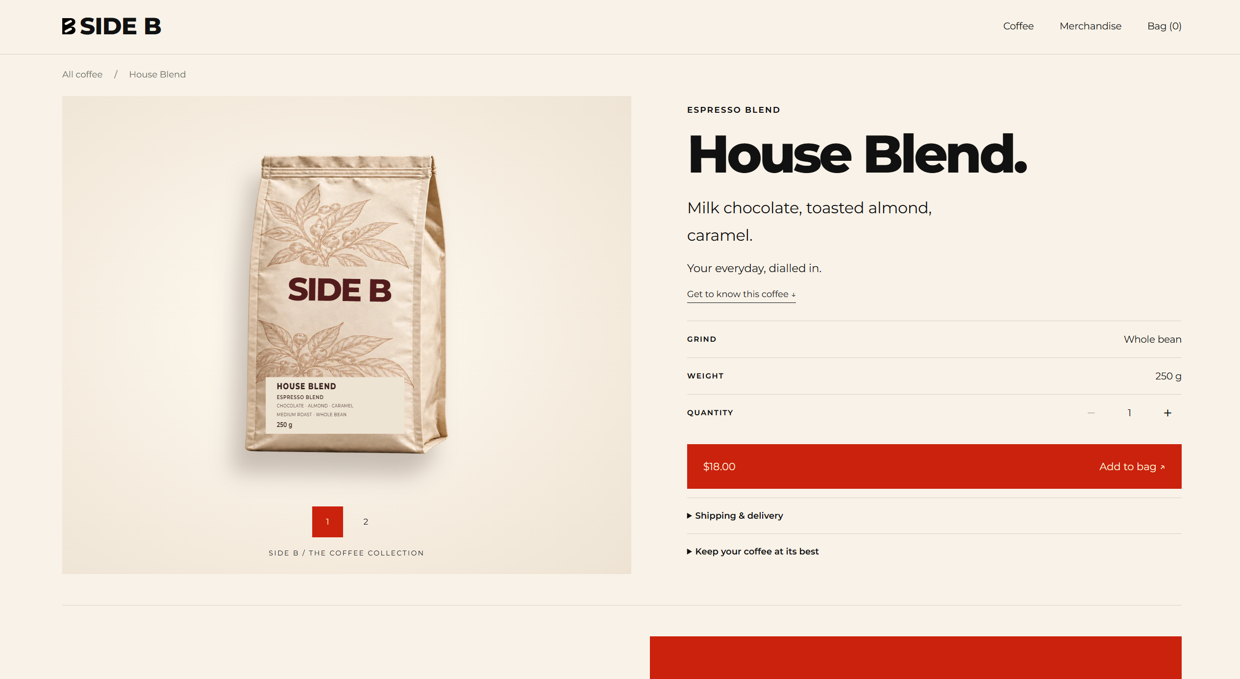 House Blend product page showing coffee details and purchase controls