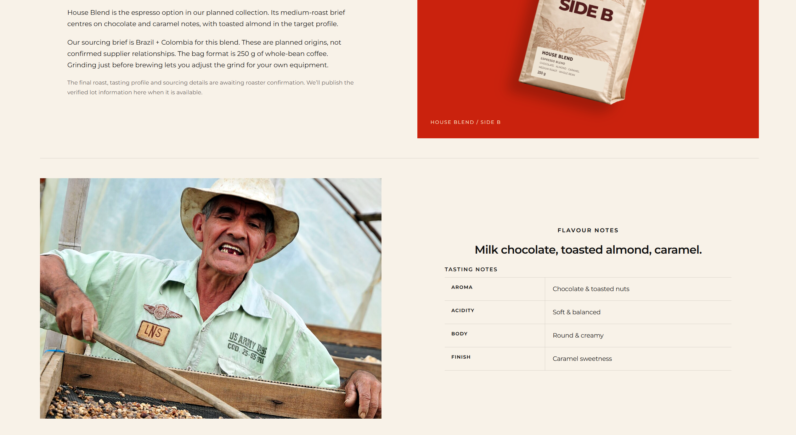 Coffee story and flavour notes alongside a coffee farmer photograph