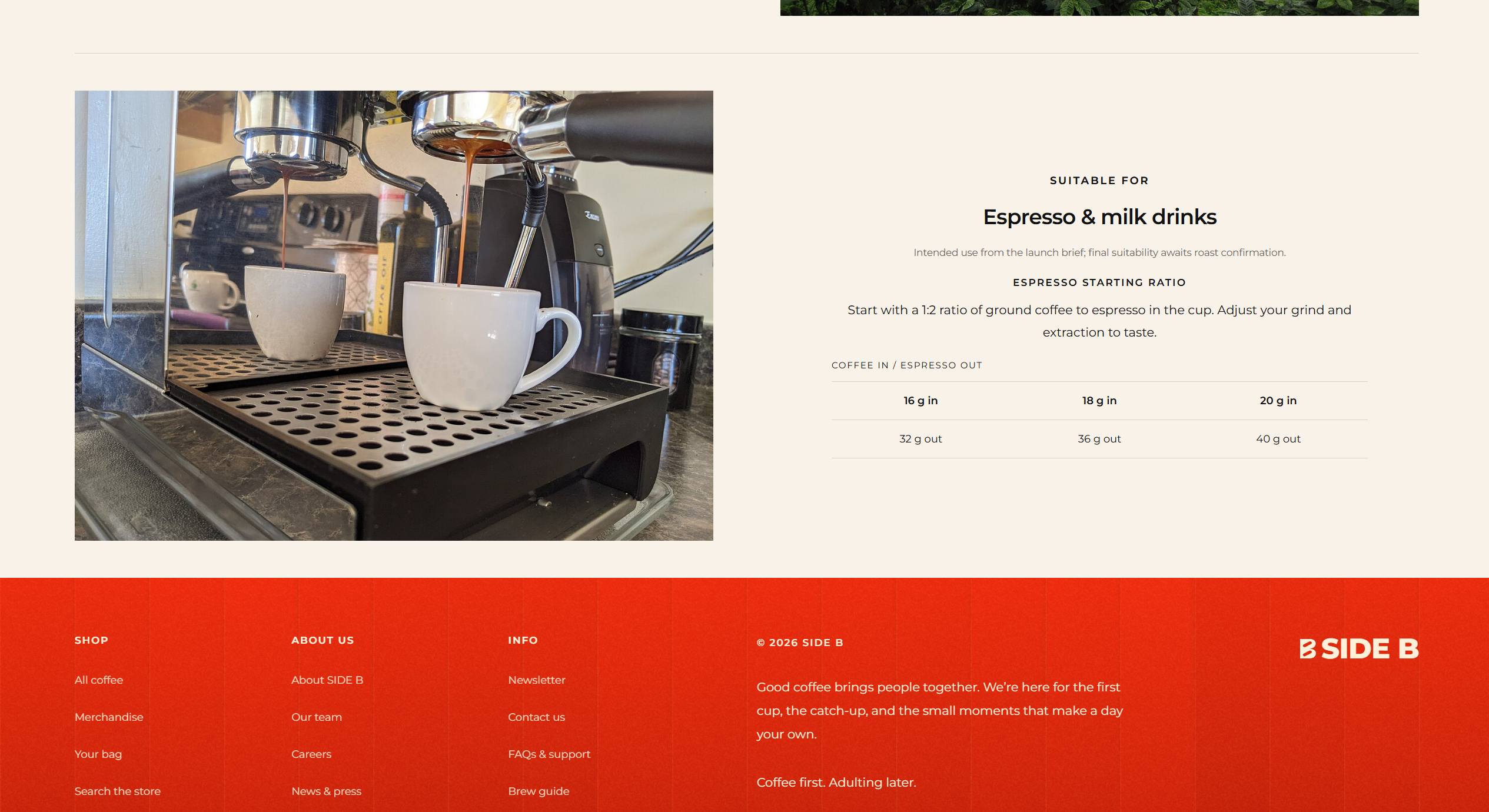 Espresso preparation and brew ratios above the red Side B footer