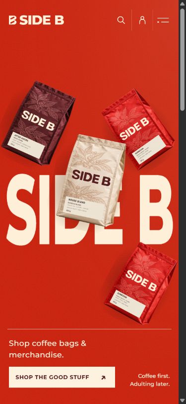 Actual Side B mobile homepage showing the coffee bags and shop button