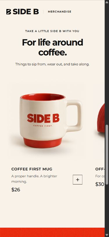 Actual Side B mobile merchandise page showing the Coffee First Mug