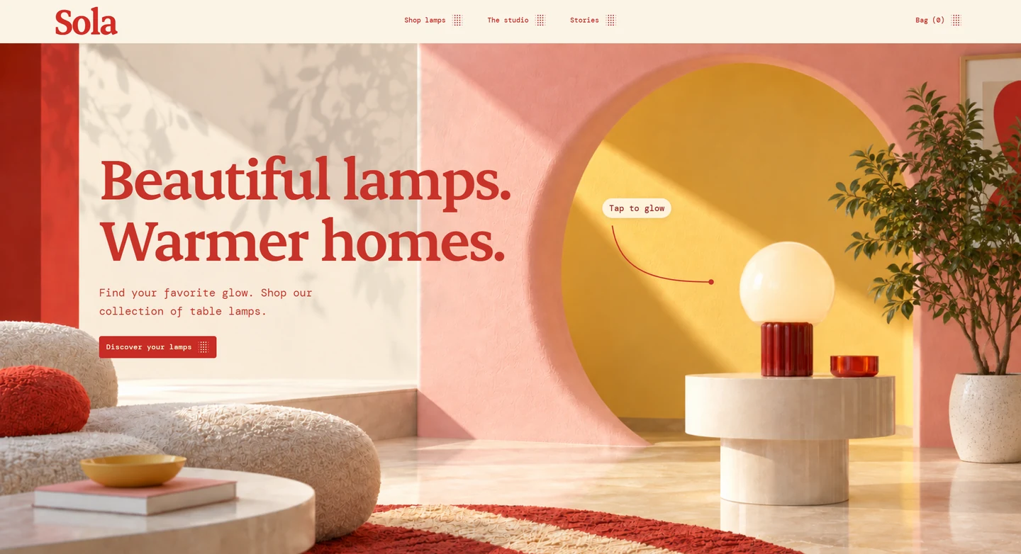 Sola homepage with a red table lamp in a warm pink and yellow interior