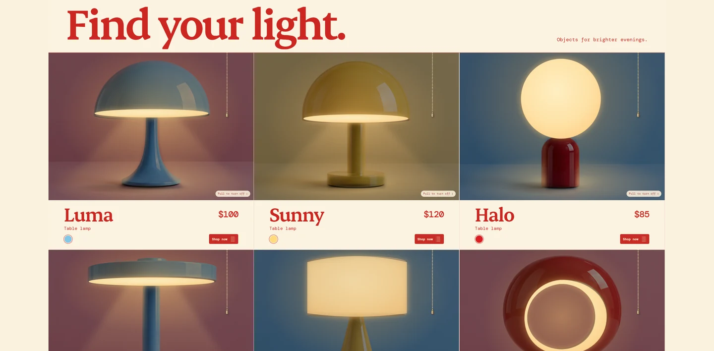 Sola lamp collection with the lamps switched on and glowing