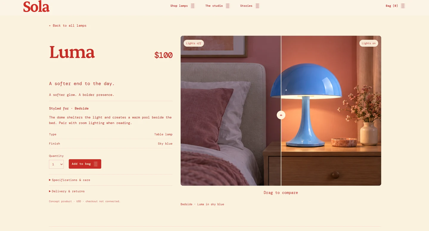 Luma product page with a lights-off and lights-on comparison and product details