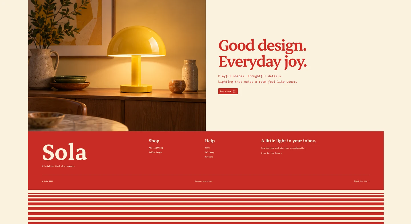Sola story section with a yellow lamp in a warm interior above the red storefront footer