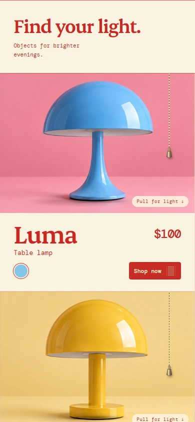 Sola mobile lamp collection with Luma and Sunny, prices, finishes, and shop buttons