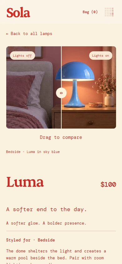 Sola mobile Luma product page with its lights-off and lights-on comparison and product details