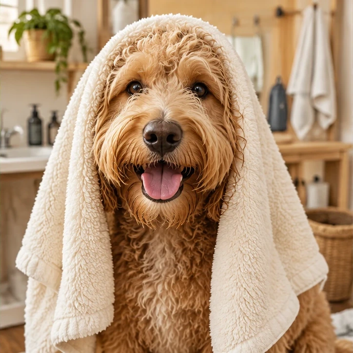 An apricot doodle wrapped in a soft cream towel