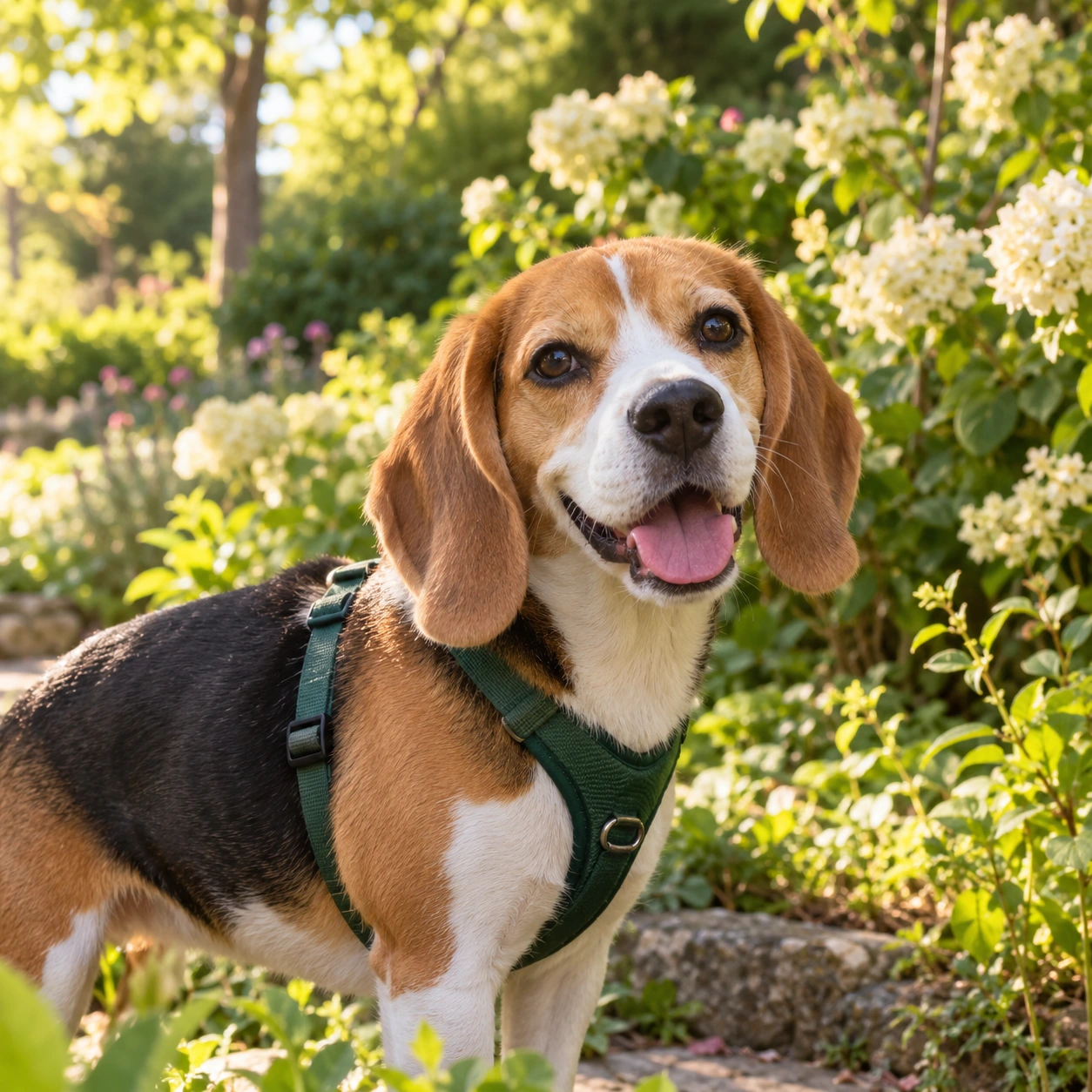 A cheerful beagle wearing a green harness in a sunlit garden
