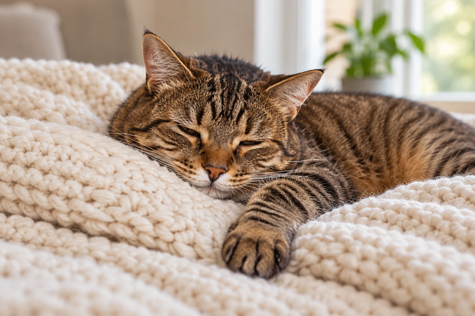 A sleepy tabby resting with its front paw on a cream blanket
